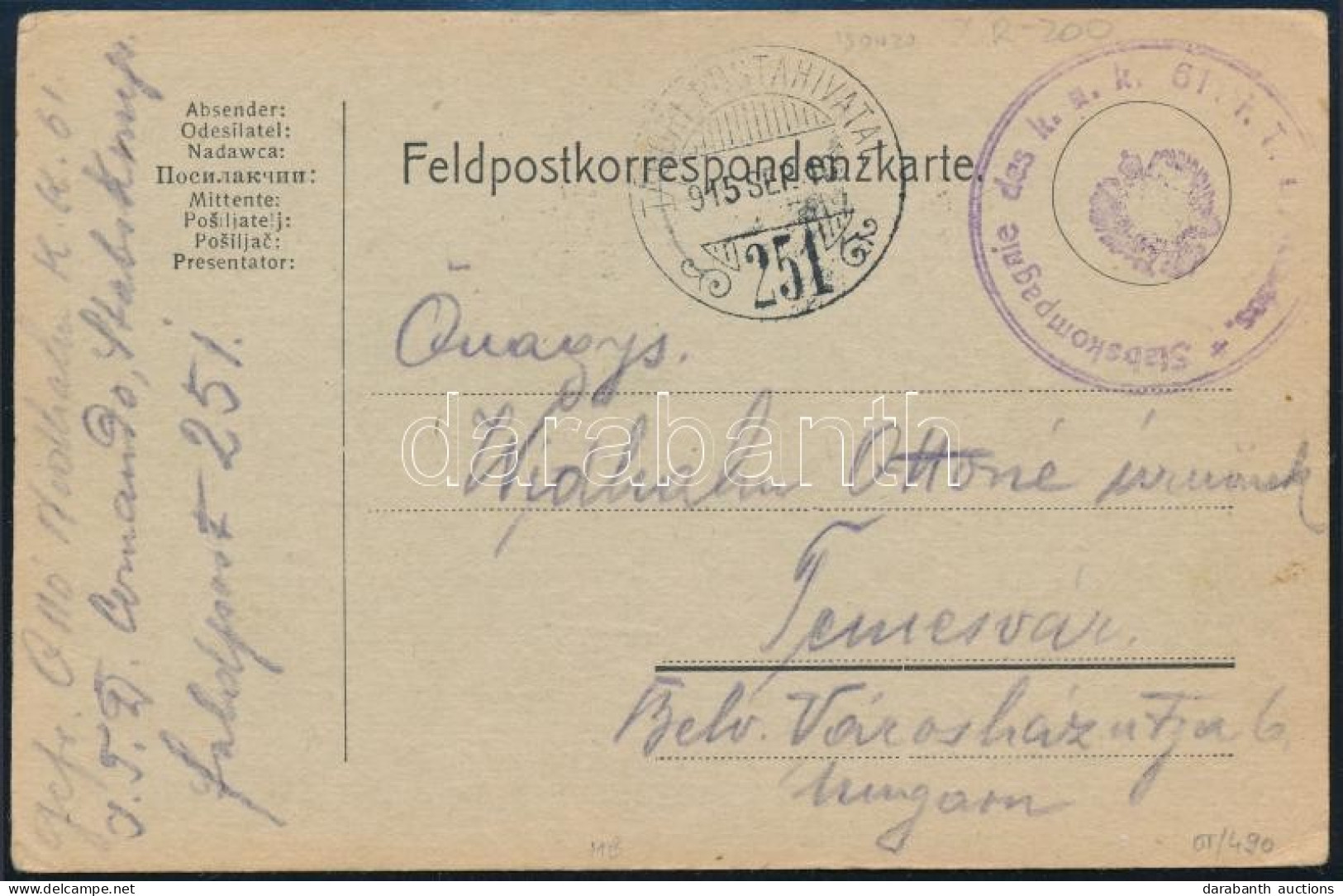 1915 Tábori Posta Levelezőlap / Field Postcard "Stabskompagnie Des K.u.k. 61. I.T.D." + "TP 251" - Otros & Sin Clasificación