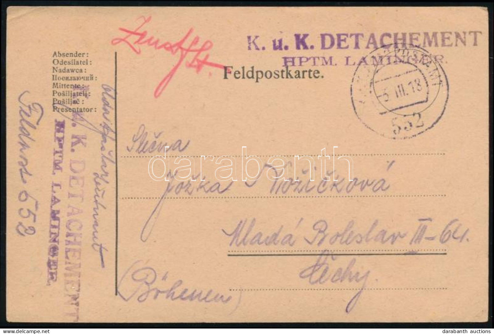 1918 Tábori Posta Levelezőlap "K.u.K. DETACHEMENT HPTM. LAMINGER" + "FP 552" - Sonstige & Ohne Zuordnung