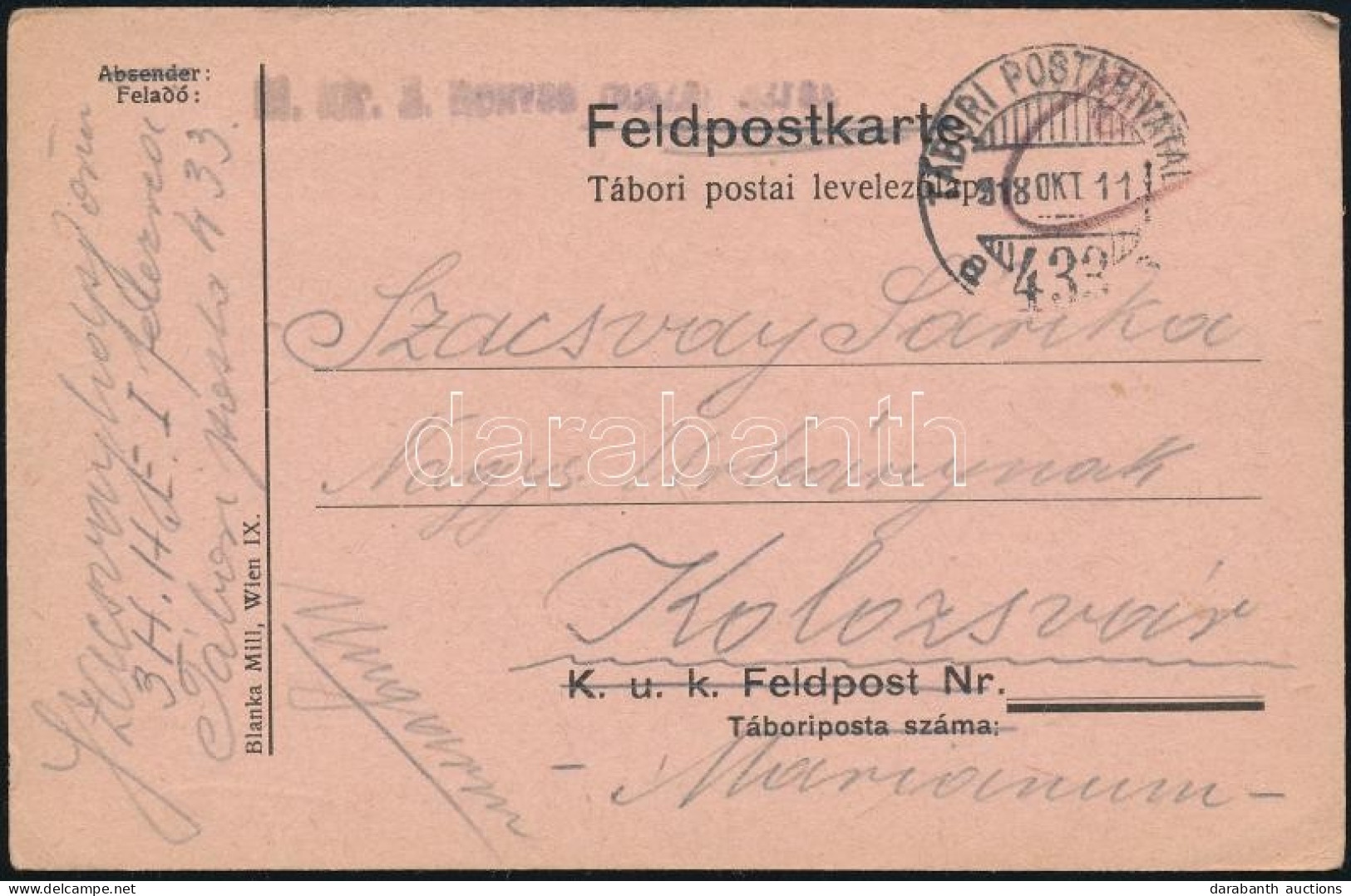 1918 Tábori Posta Levelezőlap "M.kir. 3. Honvéd Ezred" + "TP 433 A" - Otros & Sin Clasificación