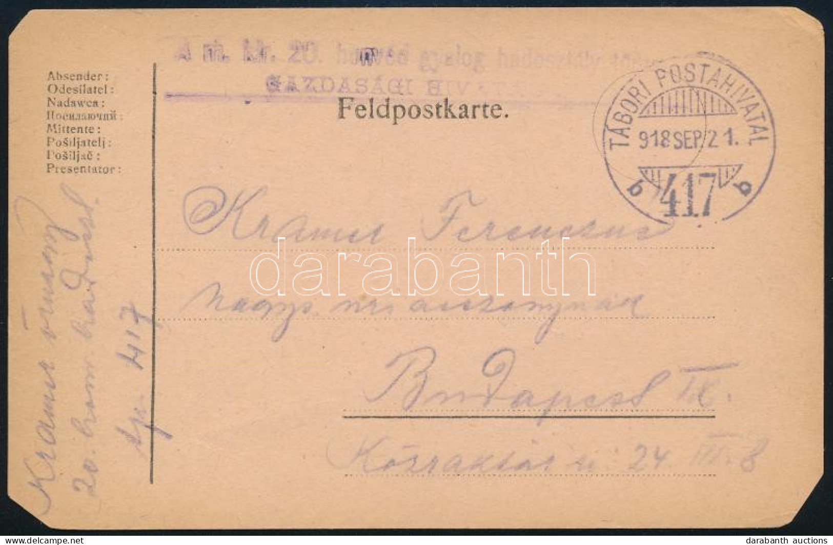 1918 Tábori Posta Levelezőlap "A M.kir. 20. Honvéd Gyalog Hadosztály Törzs Gazdasági Hivatala" + "TP 417 B" - Autres & Non Classés