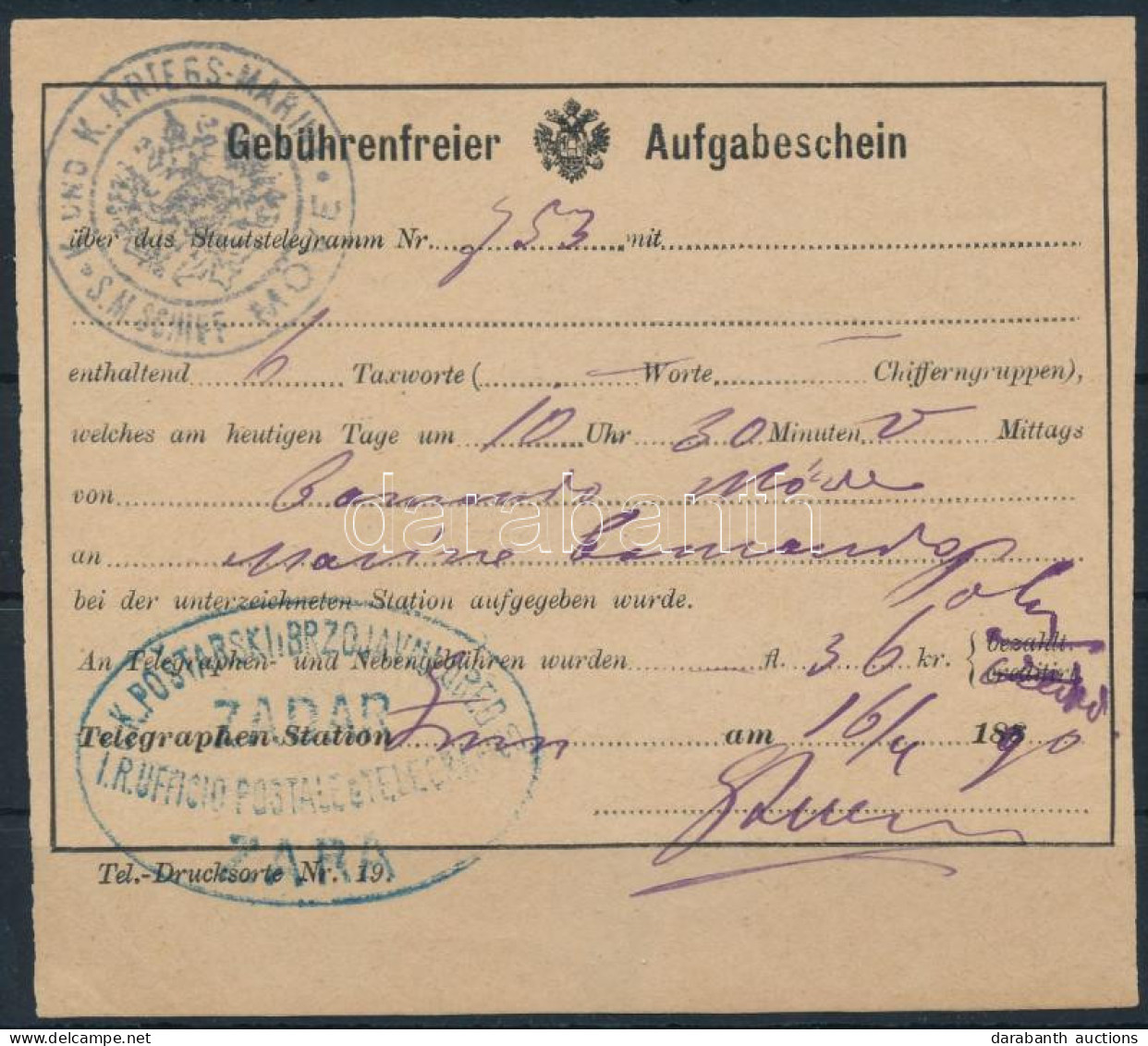1890 Távirati Díjnyugta "S.M. SCHIFF MÖVE" + "ZADAR / ZARA" - Other & Unclassified