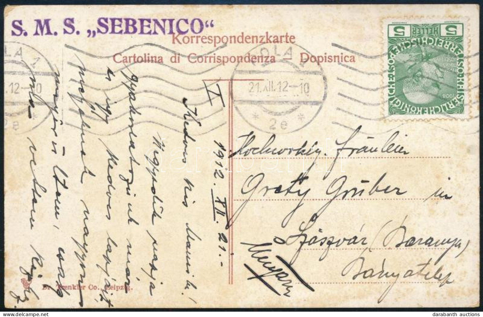 1912 Képeslap 5h Bérmentesítéssel "S.M.S. SEBENICO" - Autres & Non Classés