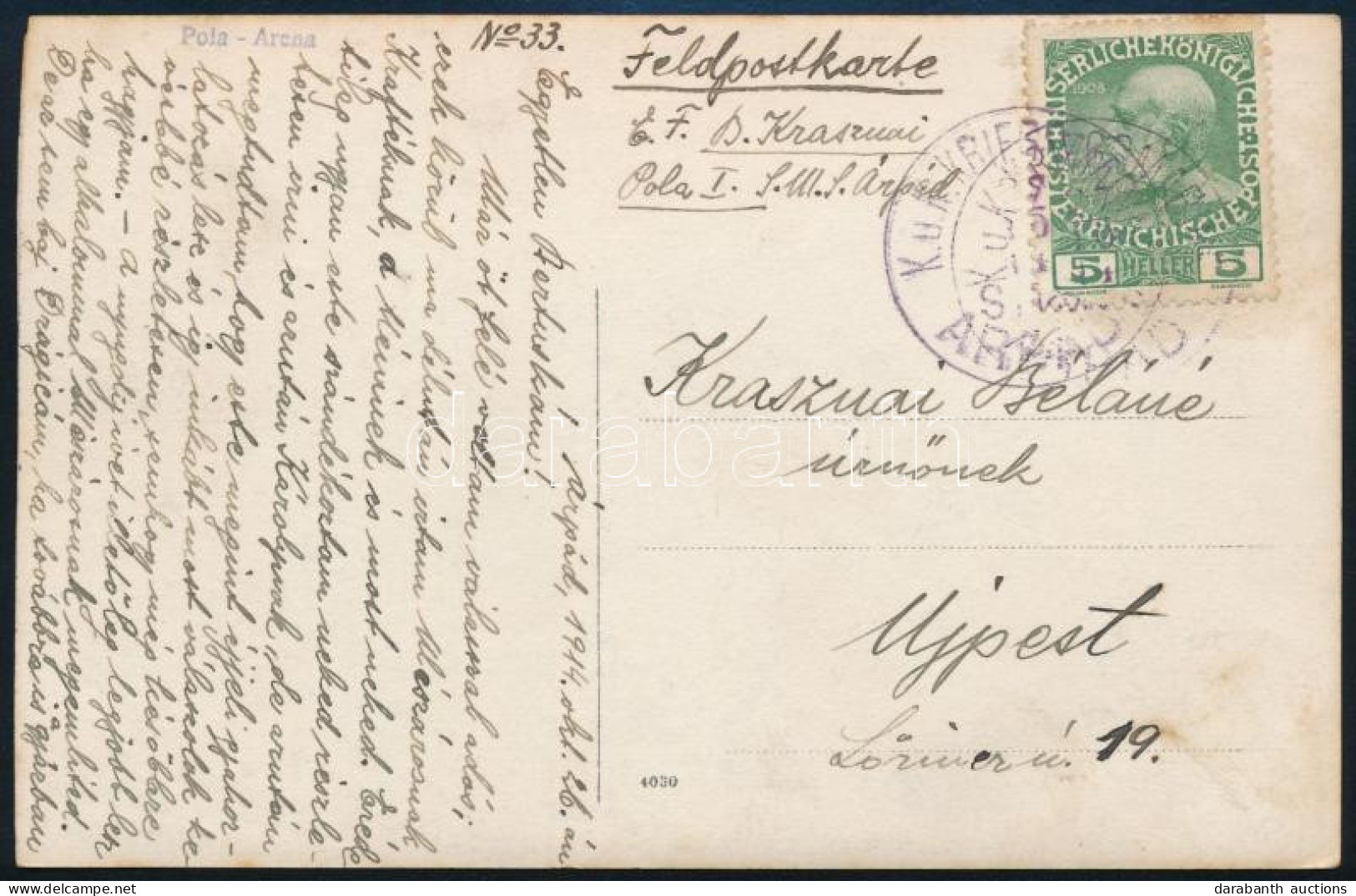1914 Tábori Posta Képeslap 5h Bérmentesítéssel "S.M.S. ÁRPÁD" - Other & Unclassified