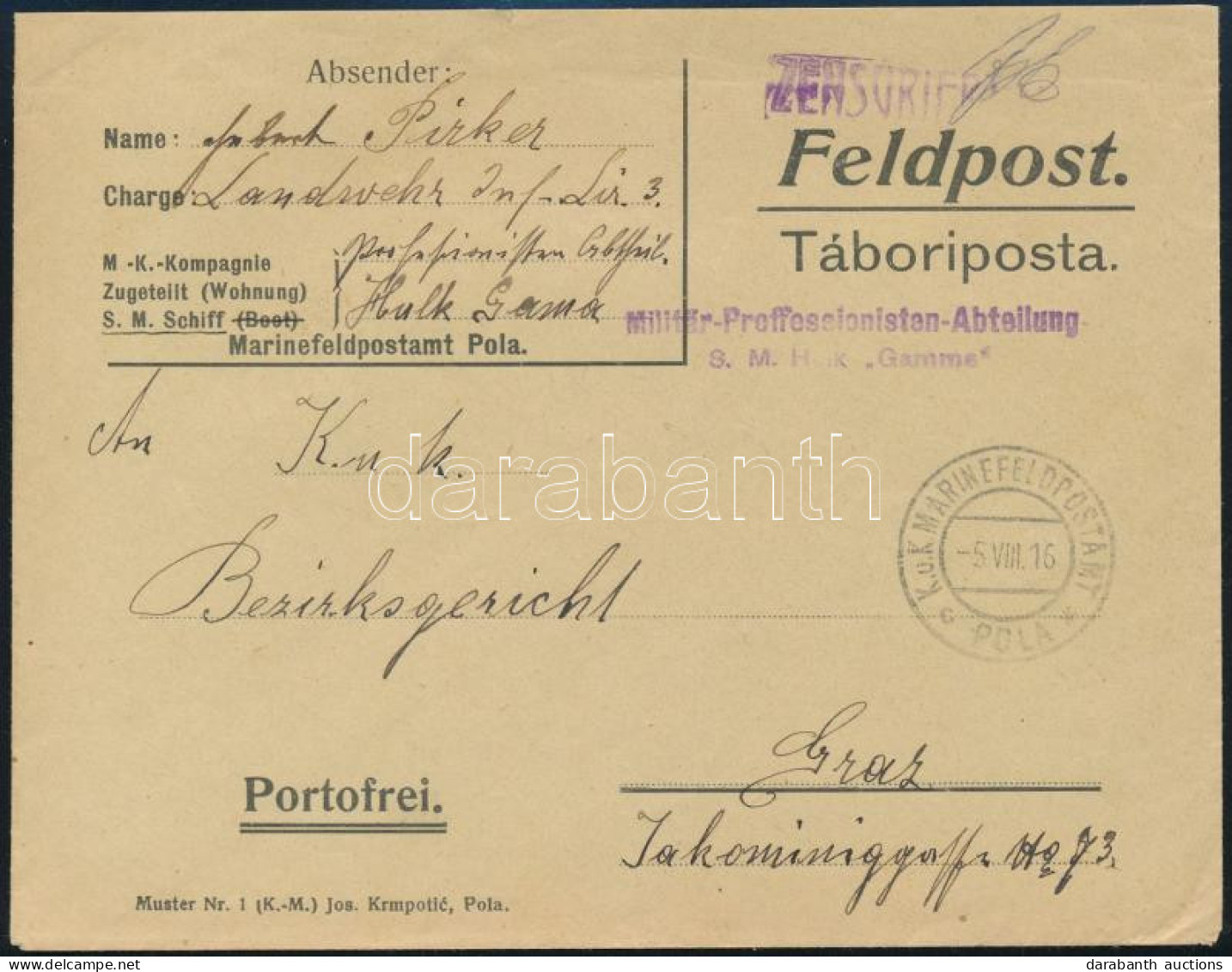 1916 Tábori Posta Levél "Militär-Professionisten-Abteilung S.M. Hulk Gamma" - Graz - Sonstige & Ohne Zuordnung