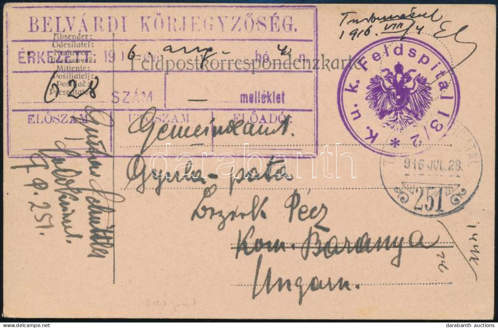 1916 Tábori Levelezőlap / Field Postcard "K.u.k. Feldspital 13/2" - Autres & Non Classés