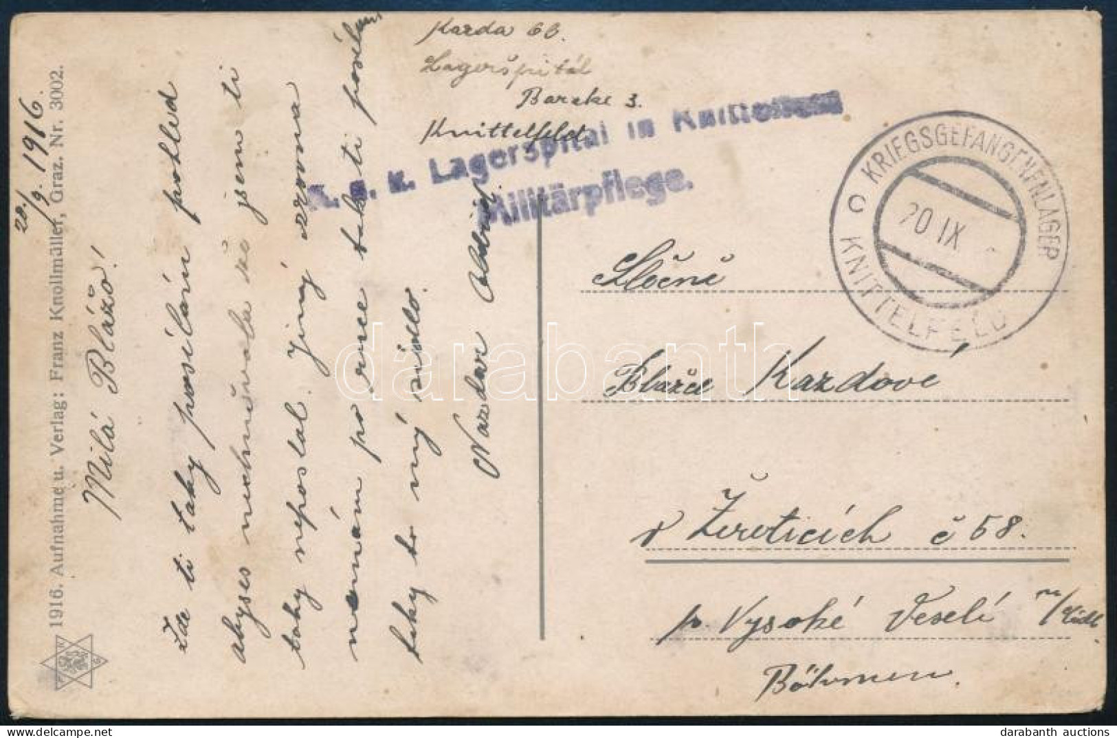1916 Tábori Posta Képeslap "KRIEGSGEFANGENENLAGER / KNITTELFELD" , "K.u.K. Lagerspital In Knittenfeld" Csehországba Küld - Sonstige & Ohne Zuordnung