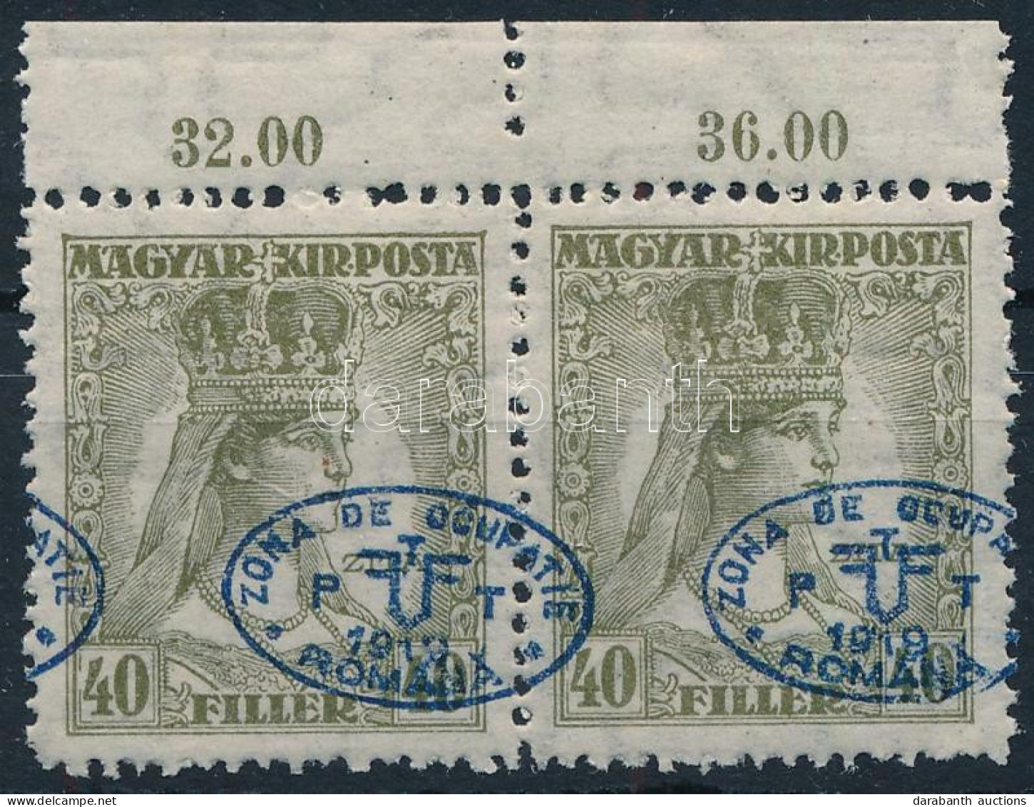 ** Debrecen I. 1919 Zita 40f Pár Elcsúszott Felülnyomással / Mi 41 Pair With Shifted Overprint. Signed: Bodor - Sonstige & Ohne Zuordnung