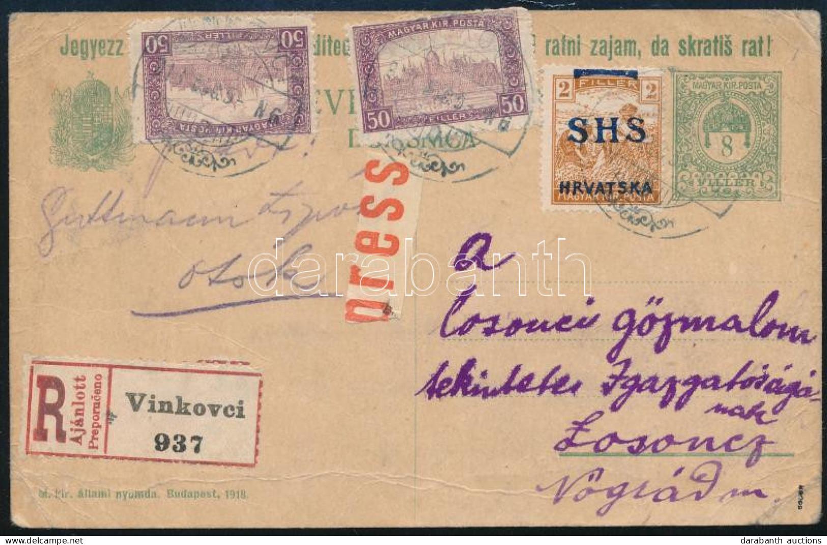 1918 Ajánlott Expressz Kétnyelvű Díjjegyes Levelezőlap Vegyes SHS és Parlament Bérmentesítéssel Losoncra. Signed: Bodor  - Andere & Zonder Classificatie