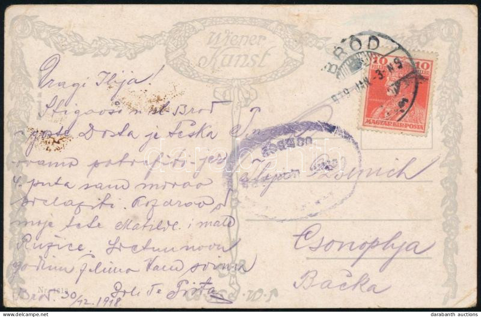 1919 Cenzúrás Képeslap Károly 10f Bérmentesítéssel "BROD" - Csonoplya - Autres & Non Classés