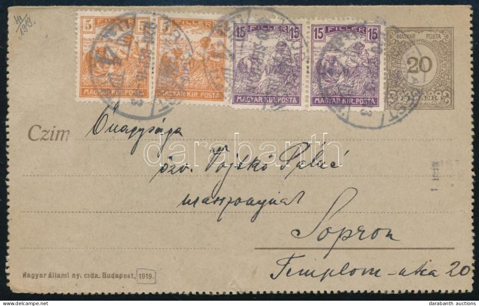 1920 Díjjegyes Zárt Levelezőlap 4 Bélyeges Kiegészítéssel Budapestről Sopronba - Sonstige & Ohne Zuordnung