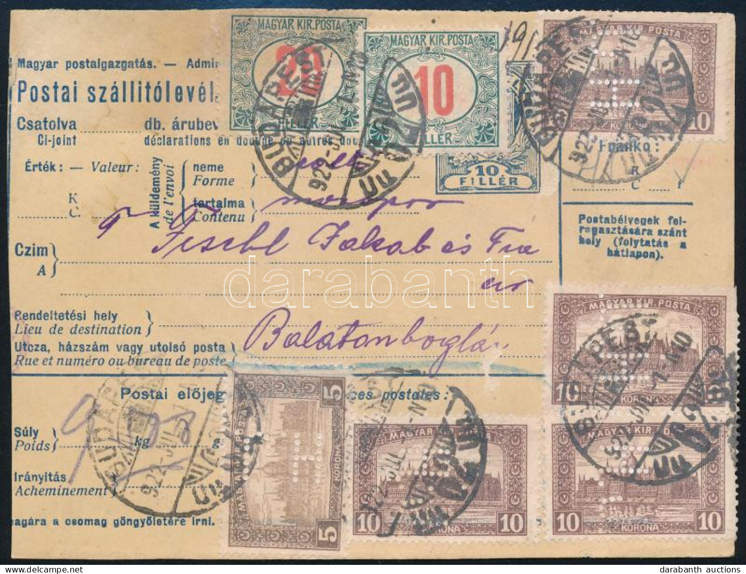 1922 Postai Szállítólevél 5 Db H.J. Perfin és 2 Db Portó Bélyeggel Budapestről Balatonboglárra / Parcel Card With 5 Perf - Sonstige & Ohne Zuordnung
