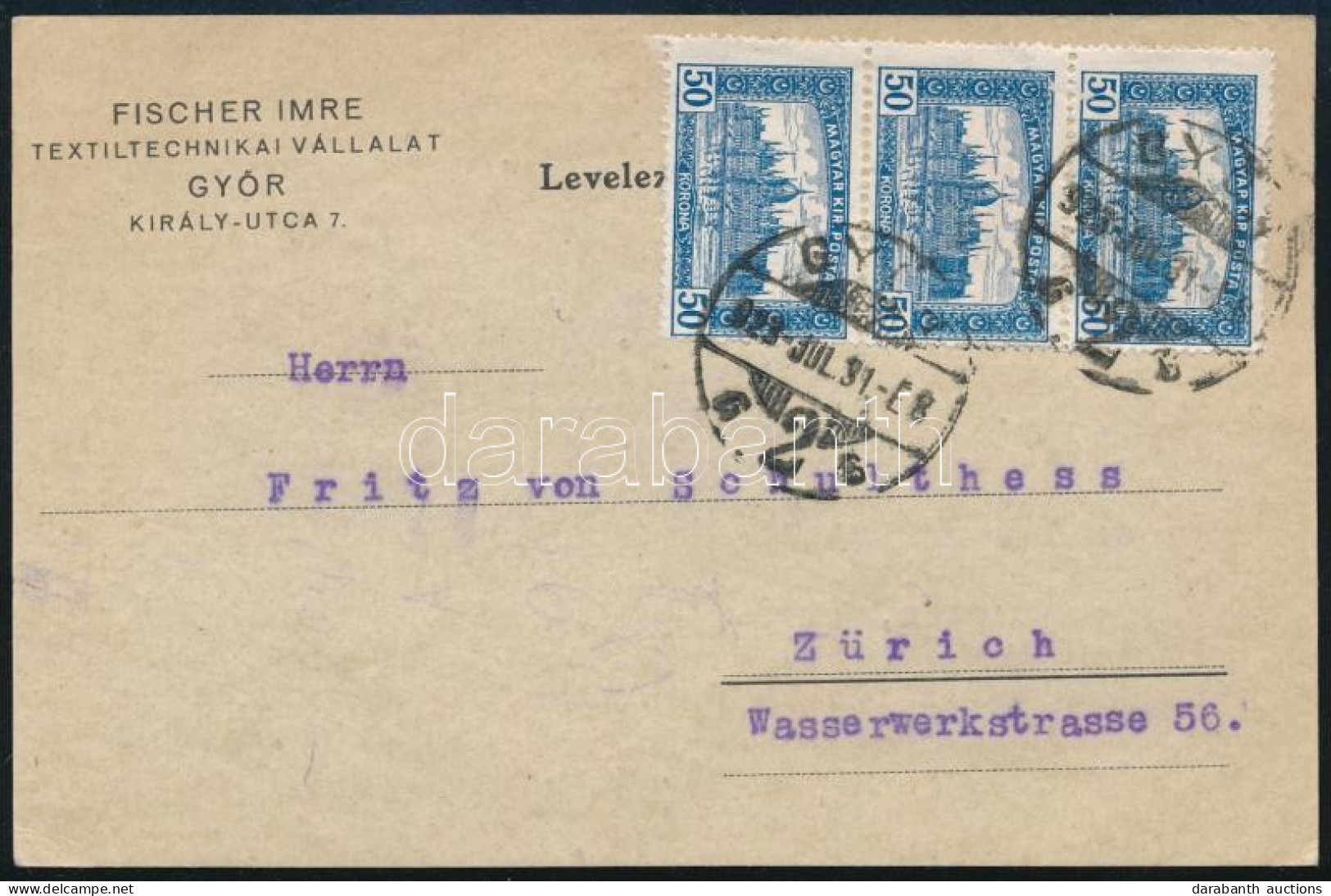 1923 Inflációs Levelezőlap 8. Periódus Parlament 3 X 50K Bérmentesítéssel "GYŐR" - Zürich - Autres & Non Classés