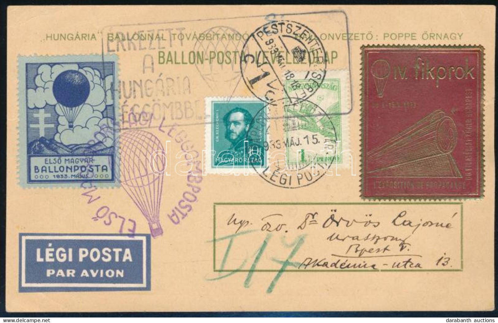 1933 Első Magyar Ballonposta Levelezőlap - Other & Unclassified