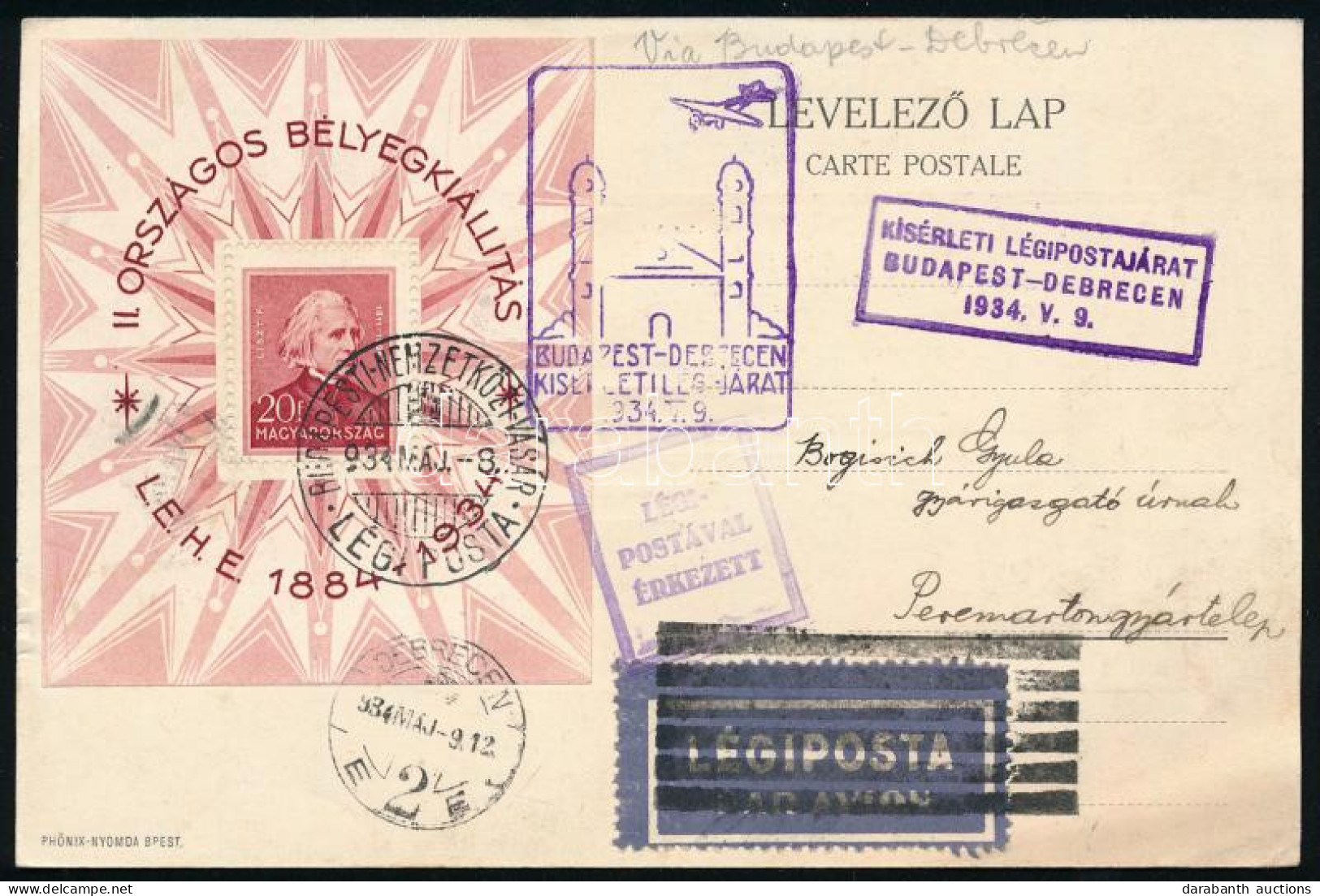 1934 LEHE Blokk Légi Levélen / Mi Block 1 On Airmail Postcard "KÍSÉRLETI LÉGIPOSTAJÁRAT BUDAPEST-DEBRECEN" + "BUDAPESTI  - Otros & Sin Clasificación
