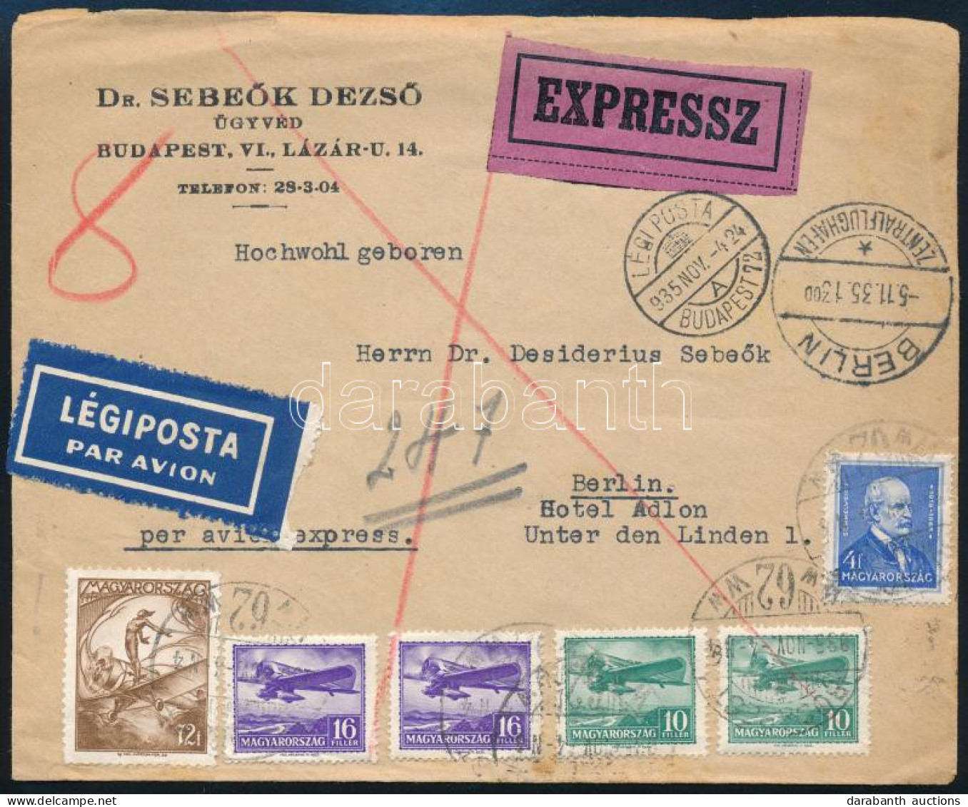 1935 Expressz Légiposta Levél 6 Db Bélyeggel Berlinbe Küldve / Airmail Express Cover With 6 Stamps To Berlin - Autres & Non Classés