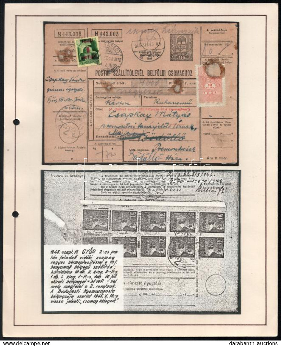 1945 (2. Díjszabás) Teljes Csomagszállító 11 Db Bélyeggel + 10f Okmánybélyeggel Bérmentesítve (a Csomag Eltűnt) - Otros & Sin Clasificación