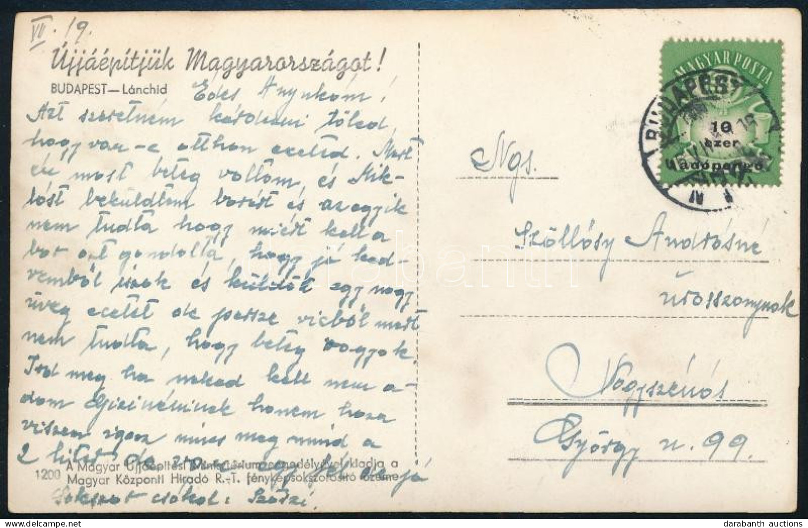 1946 (26. Díjszabás) Távolsági Képeslap 10.000 Adópengő Bérmentesítéssel, Alul Bérmentesítve (a Tarifa 50.000 Adópengő V - Otros & Sin Clasificación