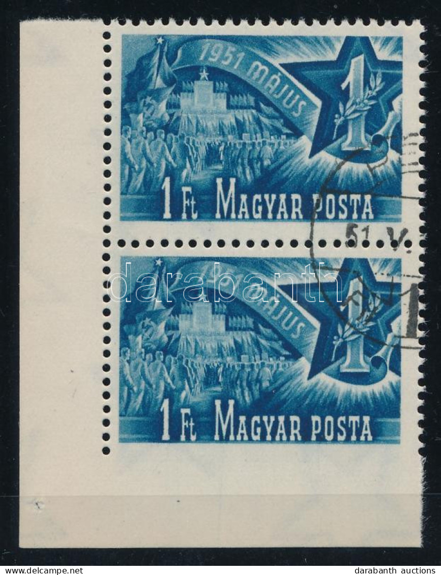 O 1951 Május 1. 1Ft ívsarki Pár Alul Fogazatlan / Mi 1162 Corner Pair, Imperforate On Below - Otros & Sin Clasificación