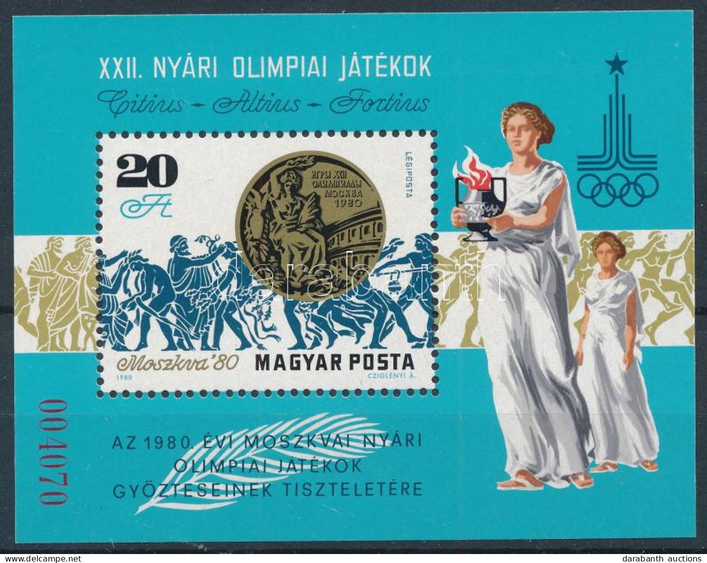** 1980 XXII. Nyári Olimpiai Játékok Győztesei Blokk, " A Magyar Posta Ajándéka" Hátoldali Felirattal - Autres & Non Classés