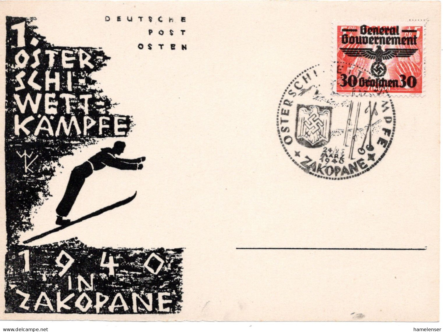 61166 - Deutsches Reich / Generalgouvernement - 1940 - 30g/5g EF A Kte SoStpl ZAKOPANE - OSTERSCHIWETTKAEMPFE - Skiing