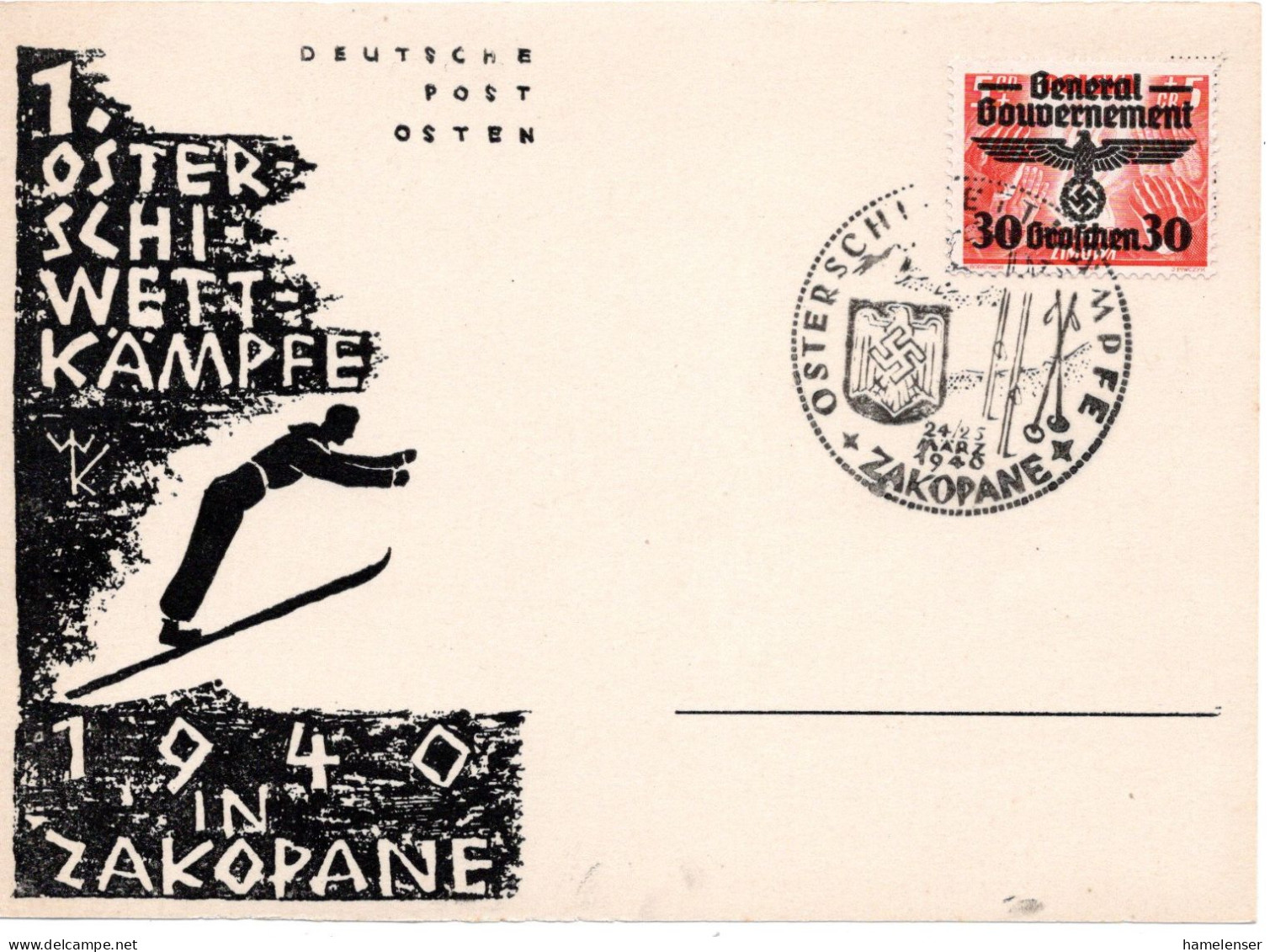 61166 - Deutsches Reich / Generalgouvernement - 1940 - 30g/5g EF A Kte SoStpl ZAKOPANE - OSTERSCHIWETTKAEMPFE - Ski