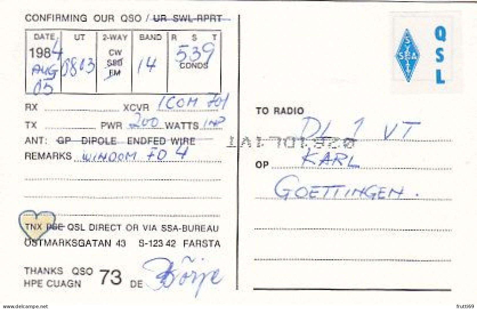 AK 185217 QSL - Sweden - Gävle - Radio Amateur