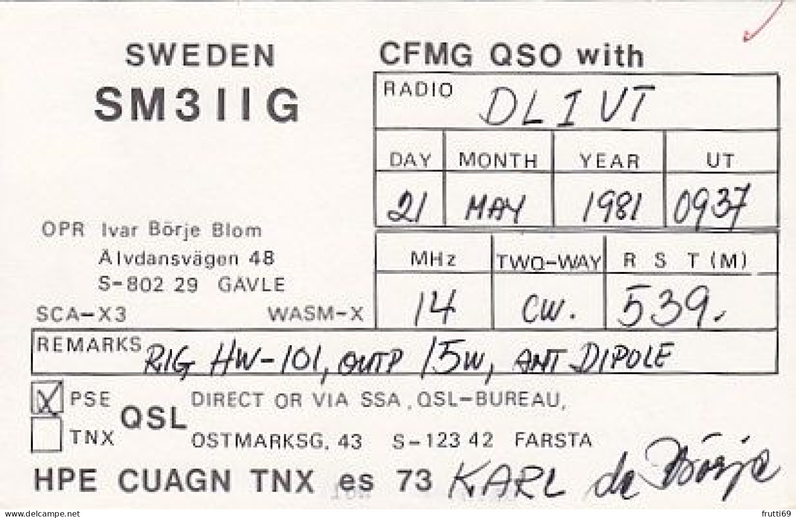 AK 185218 QSL - Sweden - Farsta - Radio Amateur