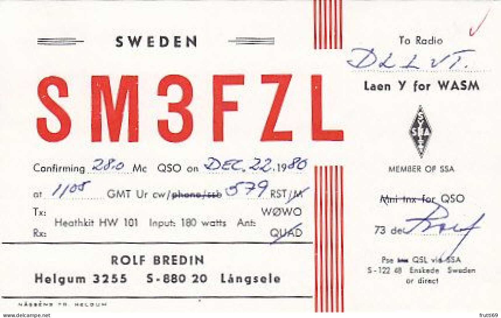 AK 185219 QSL - Sweden - Langsele - Radio Amateur