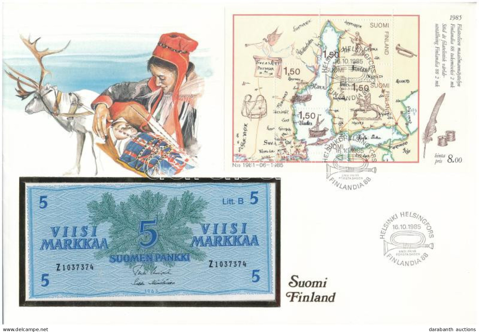 Finnország 1963. 5M Felbélyegzett Borítékban, Bélyegzéssel T:UNC Finland 1963. 5 Markkaa In Envelope With Stamp And Canc - Ohne Zuordnung