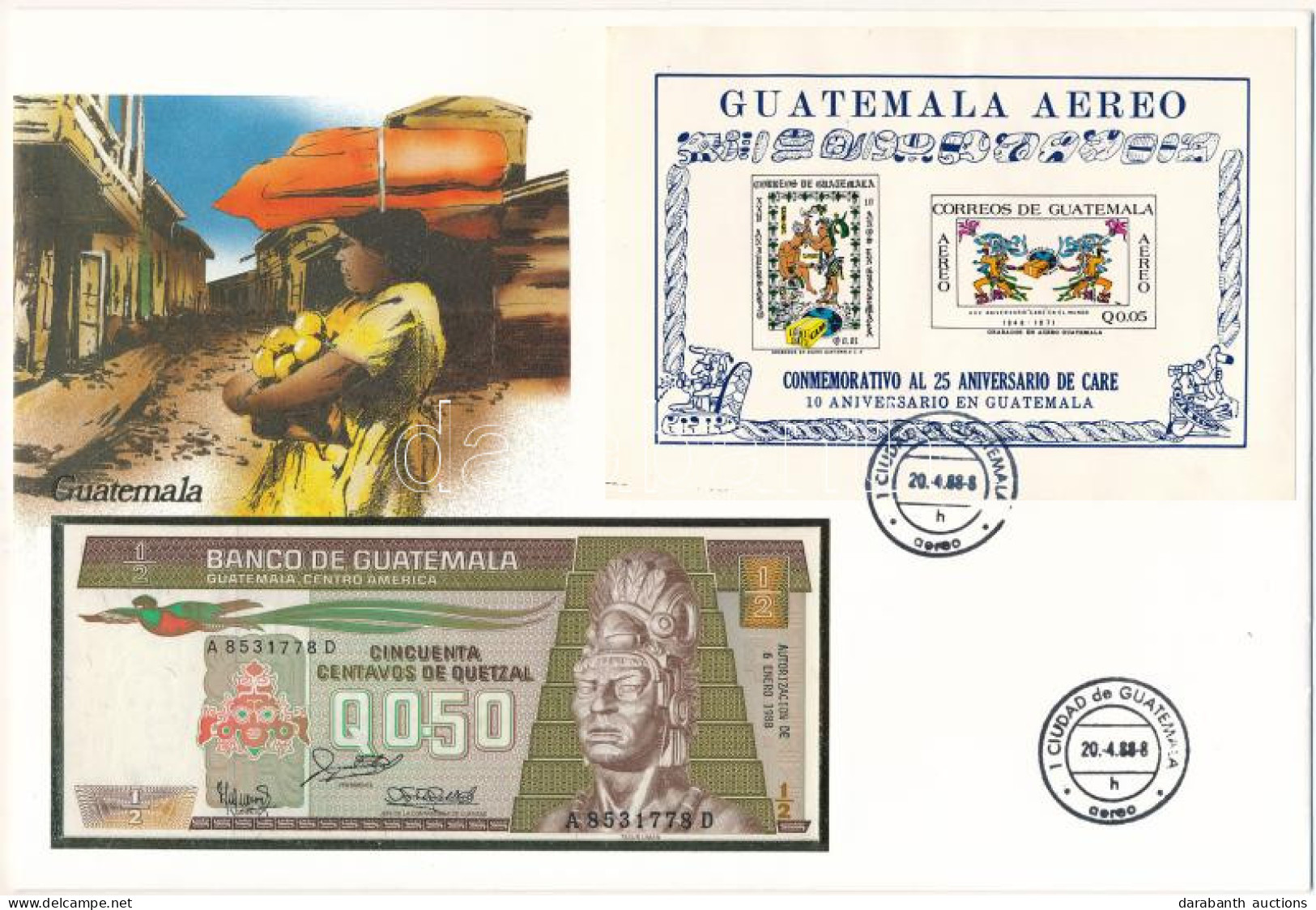 Guatemala 1988. 50c Felbélyegzett Borítékban, Bélyegzéssel T:UNC Guatemala 1988. 50 Centavos In Envelope With Stamp And  - Sin Clasificación