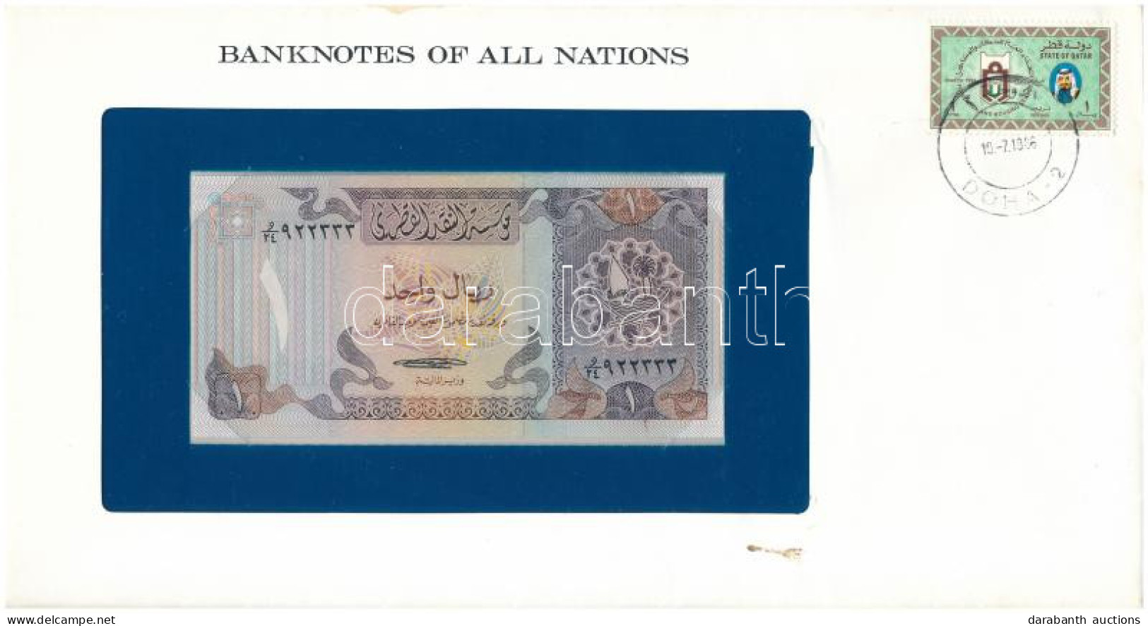 Katar 1985. 1R Felbélyegzett "Banknotes Of All Nations" Borítékban, Bélyegzéssel T:UNC A Borítékon Folt Qatar 1985. 1 Ri - Ohne Zuordnung