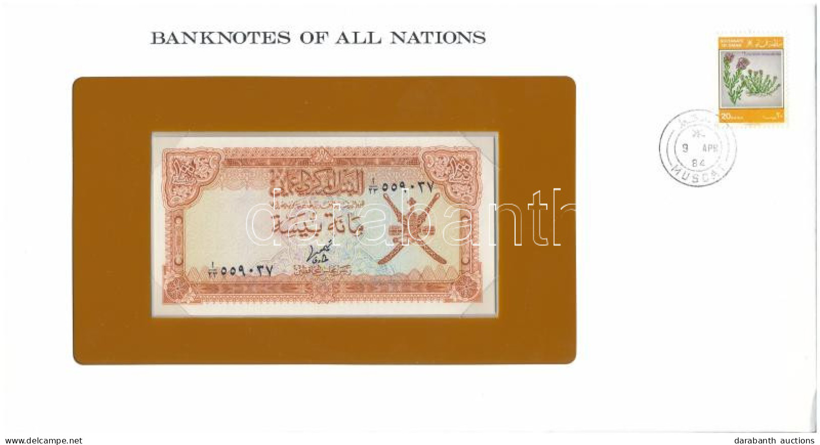 Omán 1977. 100B Felbélyegzett "Banknotes Of All Nations" Borítékban, Bélyegzéssel T:UNC  Oman 1977. 100 Baisa In "Bankno - Ohne Zuordnung