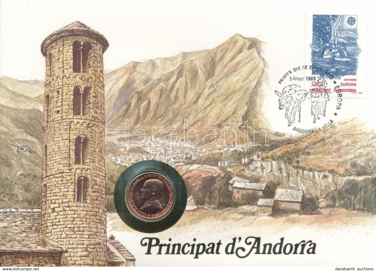 Andorra 1986. 25c Felbélyegzett Borítékban, Bélyegzéssel, Német Nyelvű Leírással T:UNC Patina Andorra 1986. 25 Centims I - Non Classés