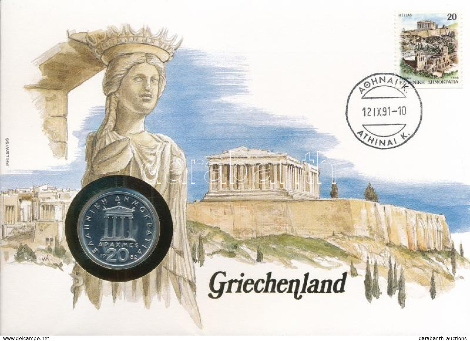 Görögország 1982. 20D Cu-Ni Felbélyegzett Borítékban, Bélyegzéssel, Német Nyelvű Leírással T:UNC Greece 1982. 20 Drachma - Sin Clasificación