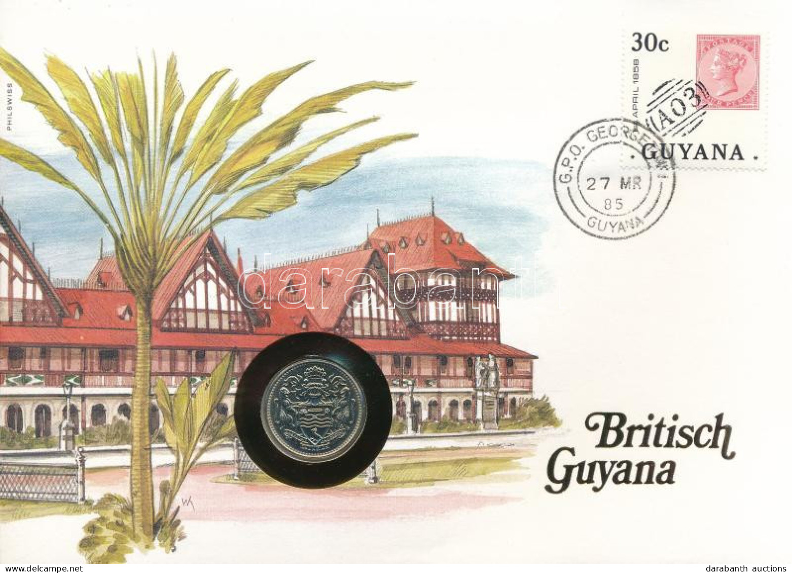 Guyana 1985. 25c, Felbélyegzett Borítékban, Bélyegzéssel, Német Nyelvű Leírással T:1 Guyana 1985. 25 Cents In Envelope W - Unclassified