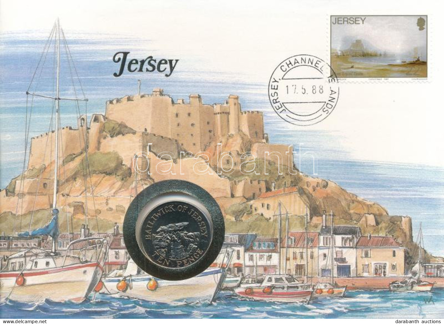 Jersey 1988. 10p Cu-Ni Felbélyegzett Borítékban, Bélyegzéssel, Német Nyelvű Leírással T:AU Jersey 1988. 10 Pence Cu-Ni I - Ohne Zuordnung