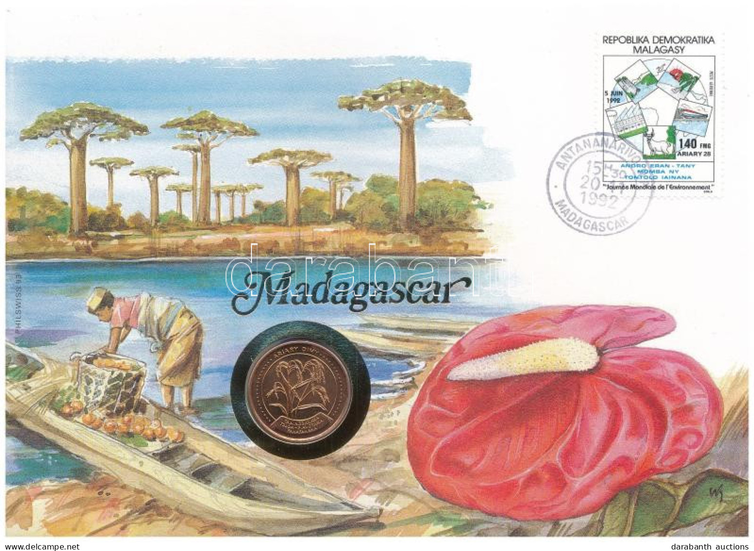 Madagaszkár 1992. 5A Acél Felbélyegzett Borítékon, Bélyegzéssel, Német Nyelvű Leírással T:UNC Madagascar 1992. 5 Ariary  - Zonder Classificatie