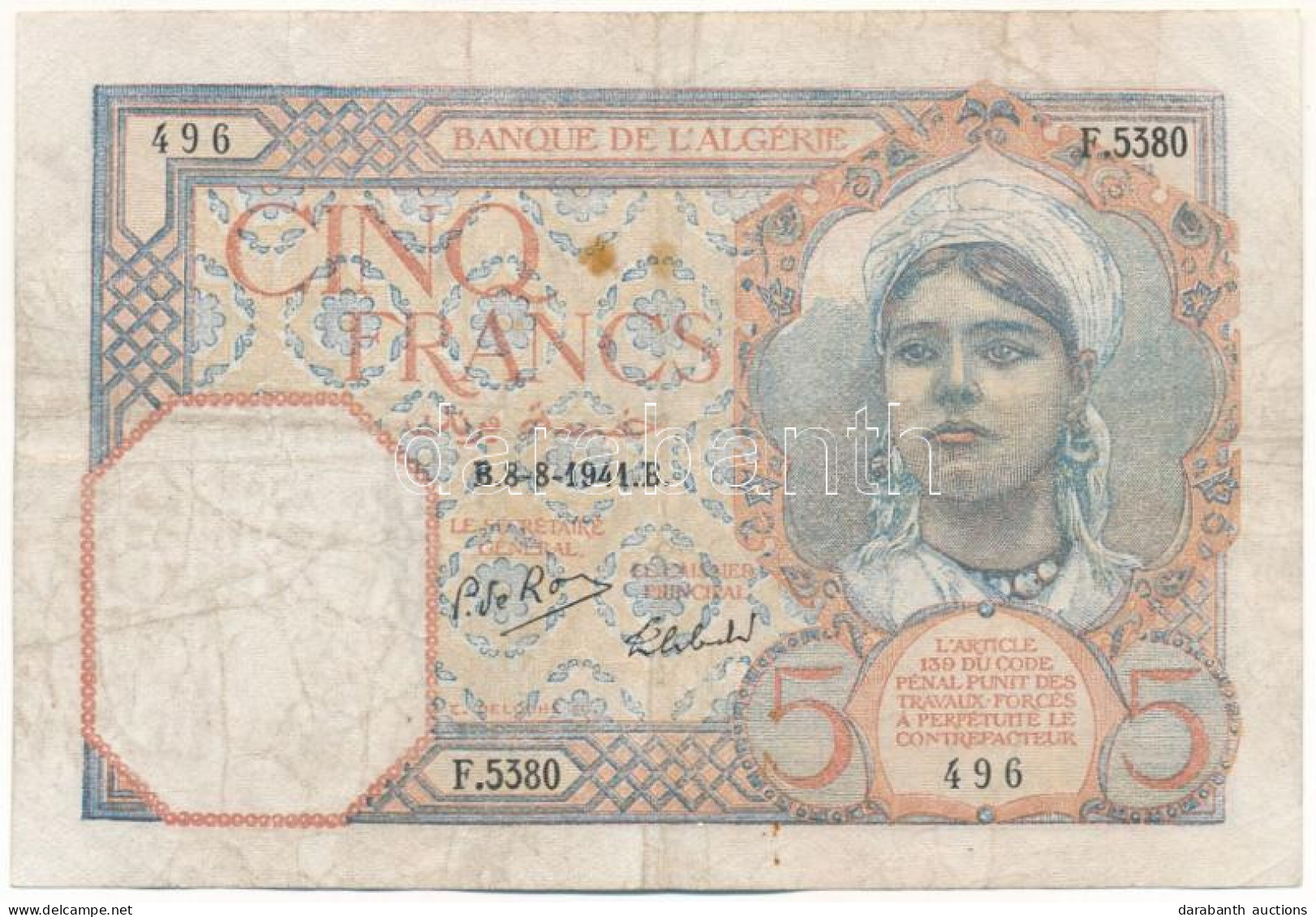 Algéria 1941. 5Fr "F.5380 496" T:F Alegria 1941. 5 Francs "F.5380 496" C:F - Unclassified