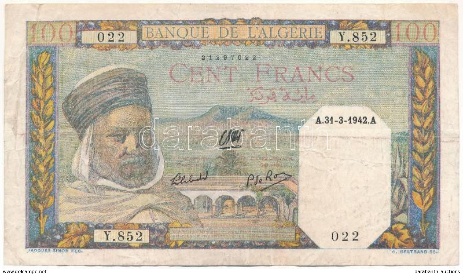 Algéria 1942. 100Fr "022 Y.852" T:F Algeria 1942. 100 Francs "022 Y.852" C:F Krause P#88 - Ohne Zuordnung