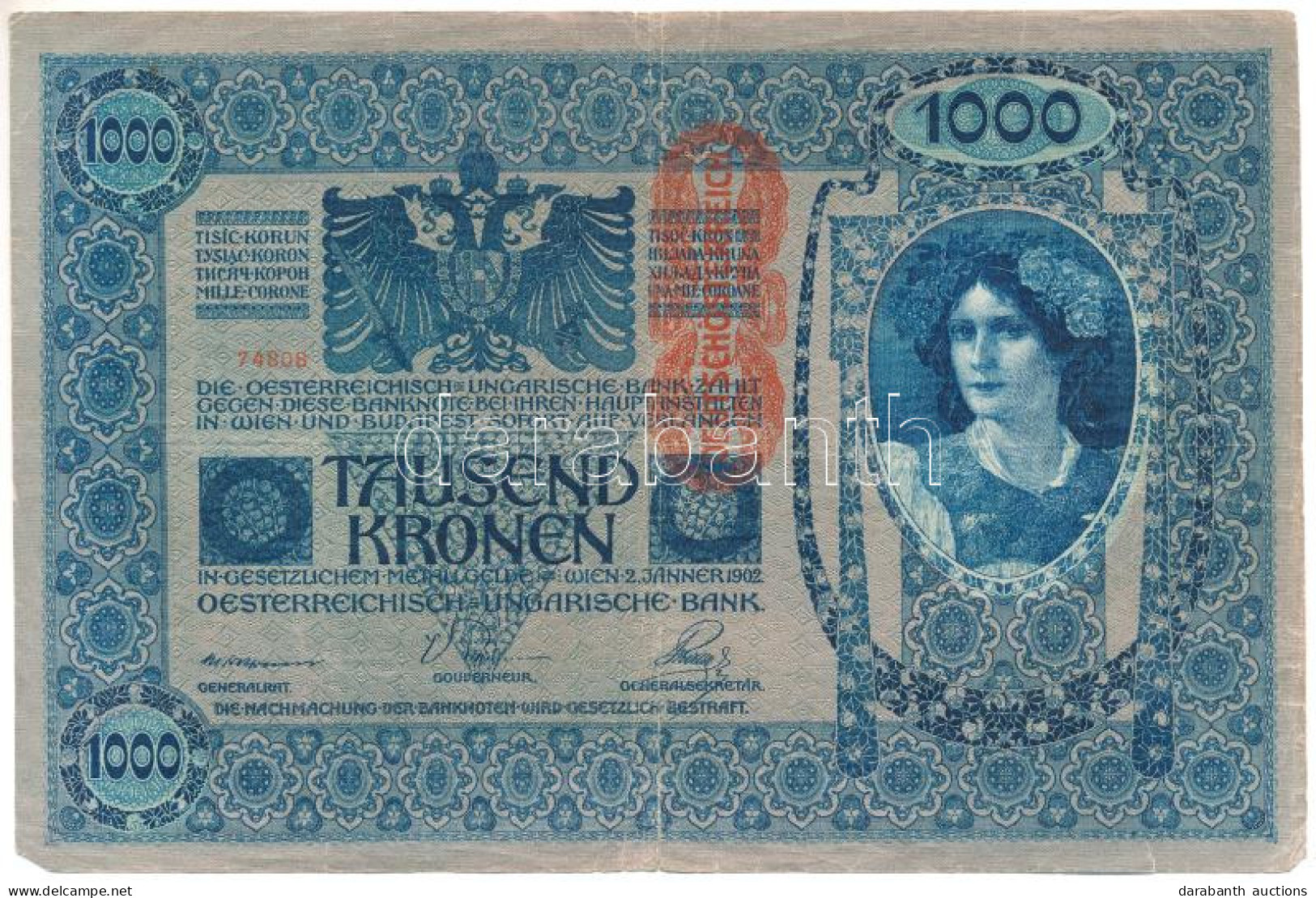 Ausztria 1919. (1902) 1000K, Piros Függőleges "DEUTSCHÖSTERREICH" Felülbélyegzéssel, Mindkét Oldala Német T:F Szakadás A - Ohne Zuordnung