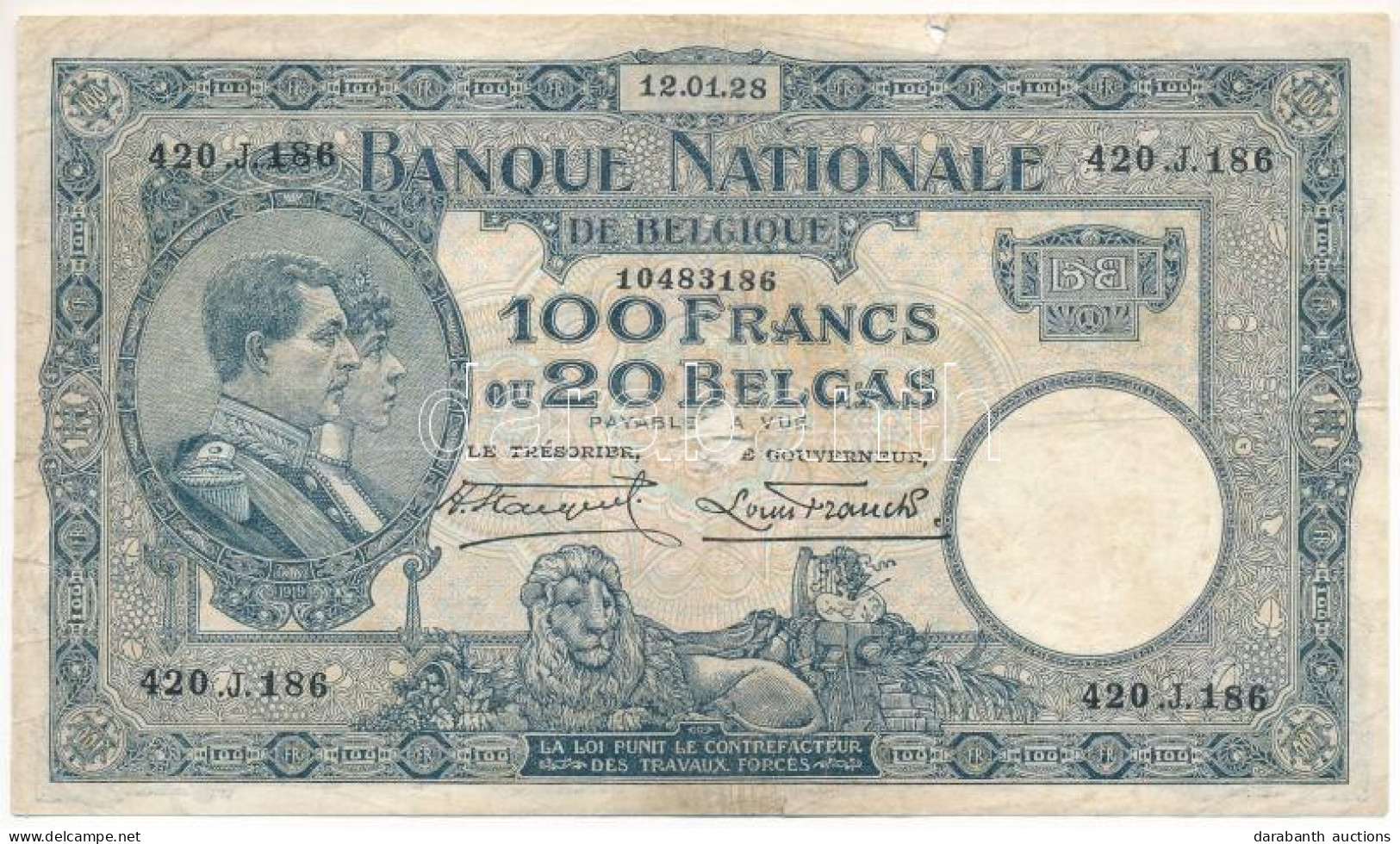 Belgium 1928. 100Fr T:F,VG Szakadás, Kis Anyaghiány, Tű Lyuk Belgium 1928. 100 Francs C:F,VG Tear, Small Material Error, - Sin Clasificación