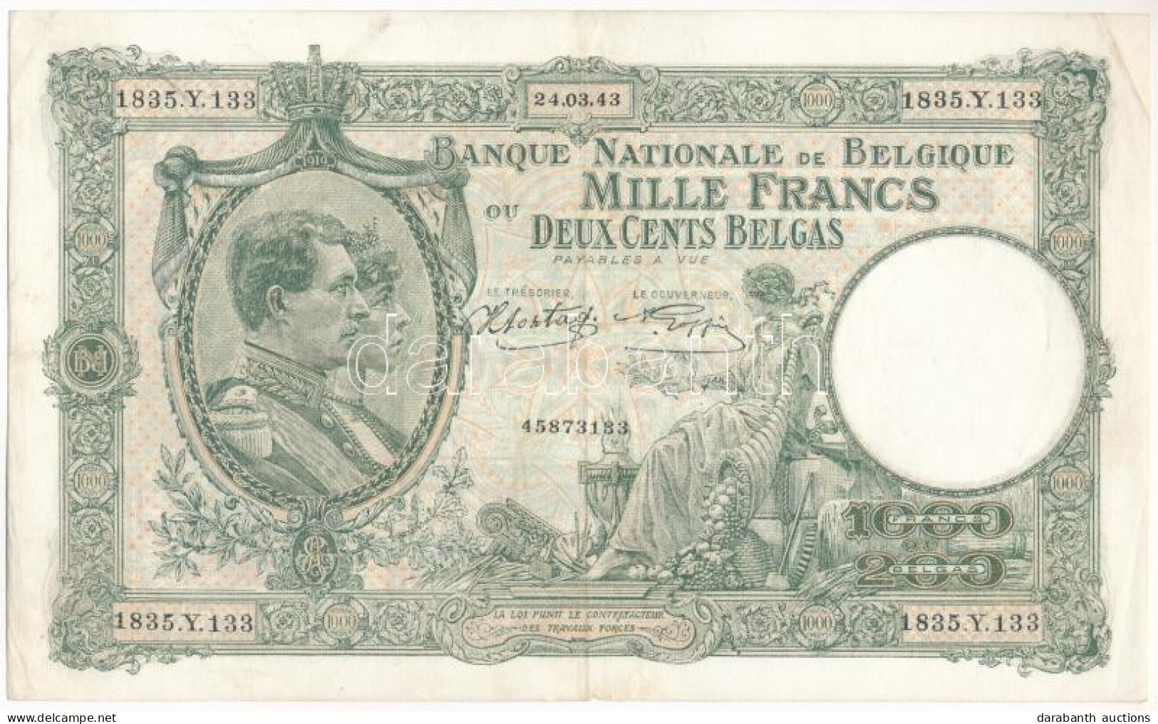 Belgium 1943. 1000Fr T:F Apró Anyaghiány Belgium 1943. 1000 Francs C:F Small Material Error Krause P#110 - Non Classés