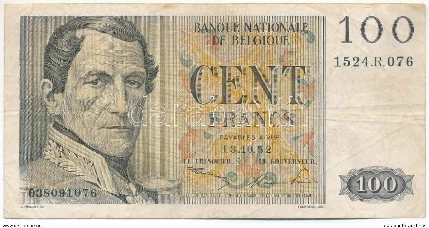 Belgium 1952. 100Fr T:F Folt Belgium 1952. 100 Francs C:F Spot Krause P#129a - Non Classificati