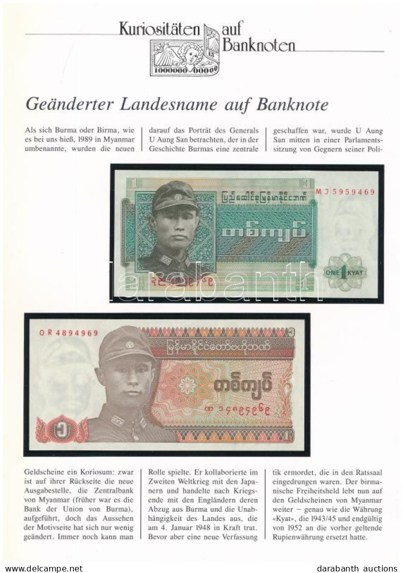 Burma 1972. 1K + Mianmar 1990. 1K Német Nyelvű "Kuriositäten Auf Banknoten" Tájékoztatólappal T:UNC Burma 1972. 1 Kyat + - Non Classés