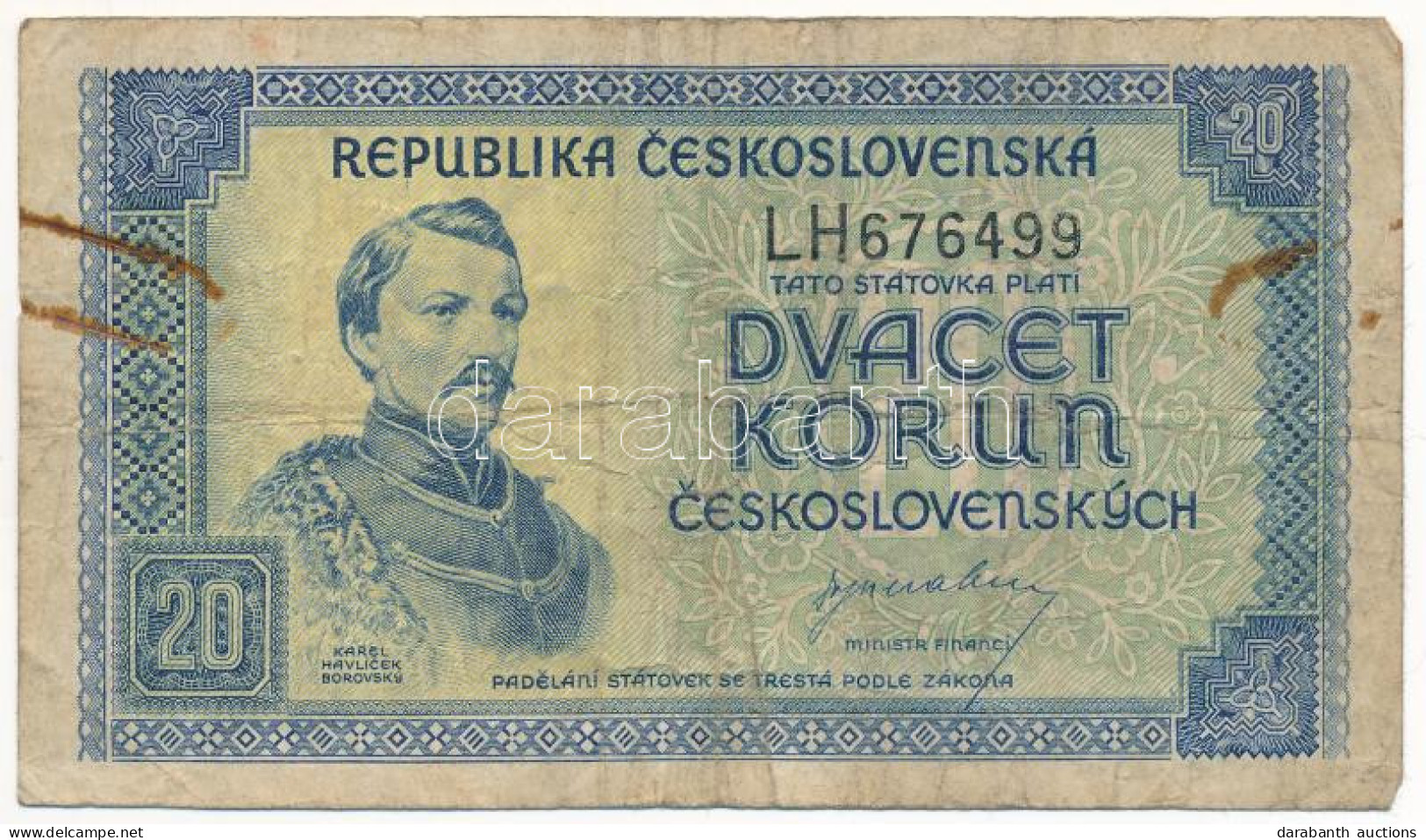 Csehszlovákia 1945. 20K T:F Rozsdafolt Czechoslovakia 1945. 20 Korun C:F Rust Spotted Krause P#61 - Non Classificati