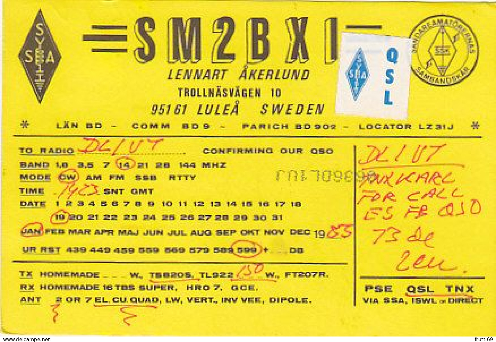 AK 185226 QSL - Sweden - Lulea - Radio Amateur