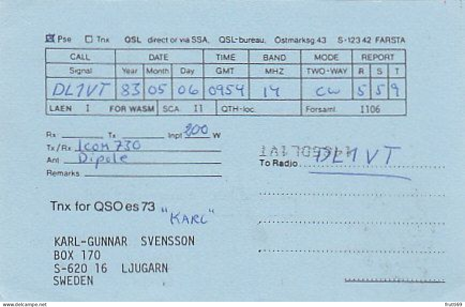 AK 185230 QSL - Sweden - Ljugarn - Radio Amateur