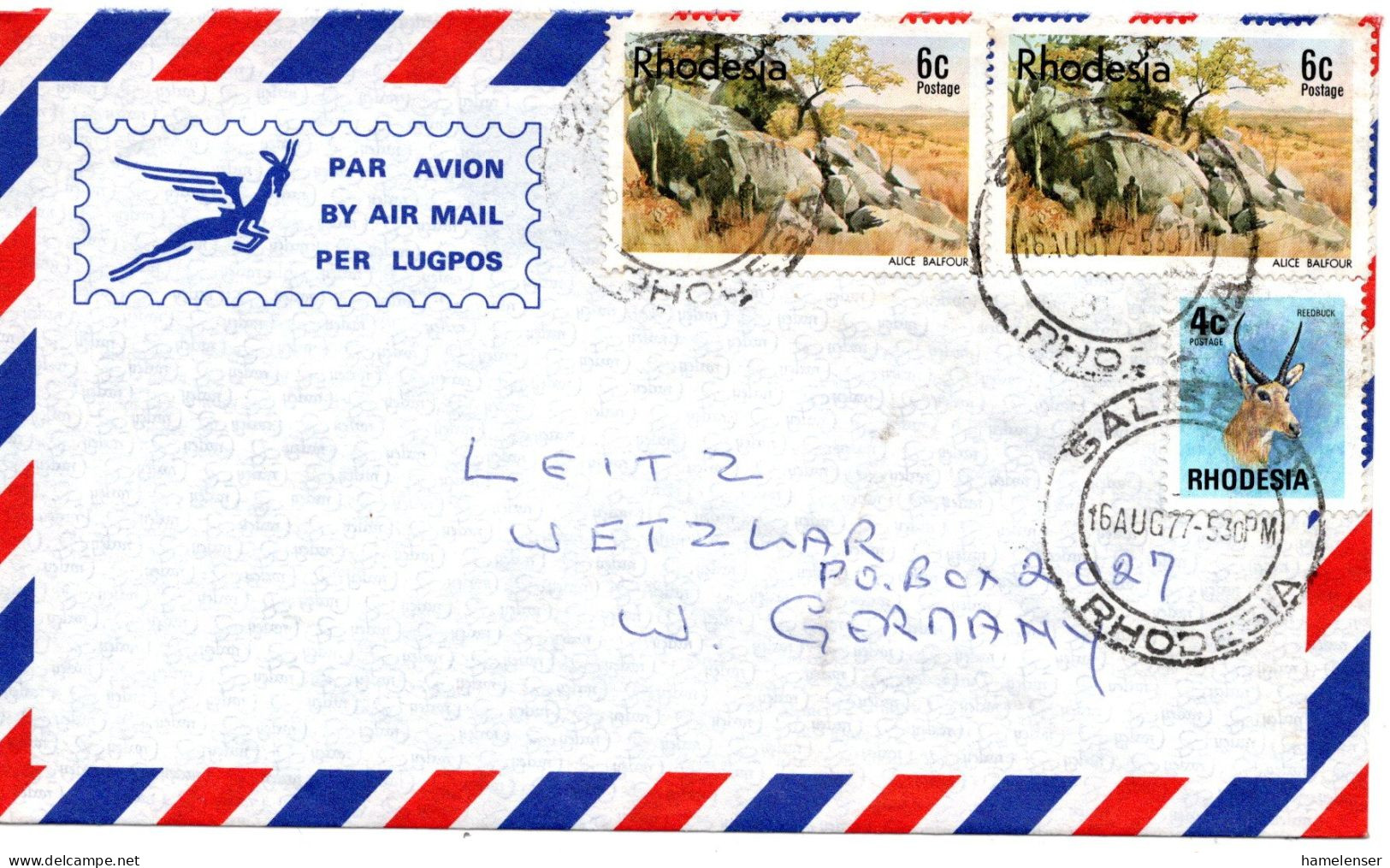 61178 - Rhodesien - 1977 - 2@6c Landschaften MiF A LpBf SALISBURY -> Westdeutschland - Rhodésie (1964-1980)