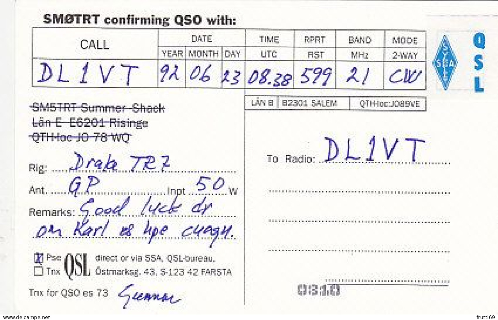AK 185233 QSL - Sweden - Rönninge - Radio Amateur