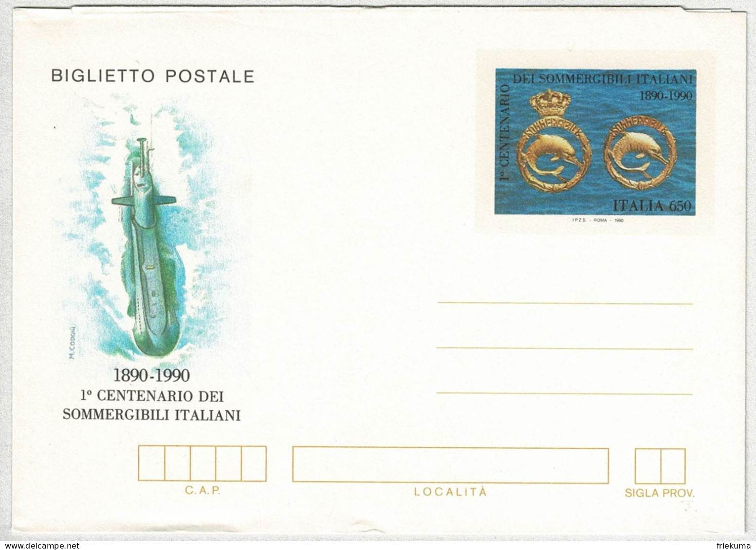 Italien / Italia 1990, Ganzsachen-Umschlag Sommergibili Italiani, U-Boote, Schmuck, Delphine - Submarinos